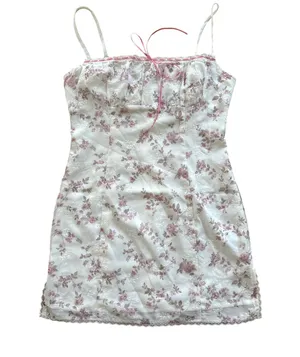 White Fox Boutique - Lace & Ribbon Trim Dainty Floral Mini Dress in White & Pink thumbnail 1