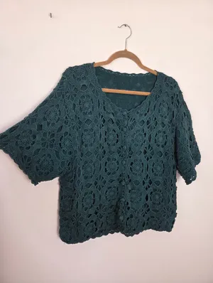 Noile Silk Exchange Blend Teal Green Floral Crochet Sweater Grannycore Cottage thumbnail 2