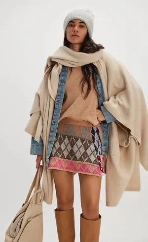 Free People After School Mini Skirt Size Small Pink Combo Flare Sweater Knit thumbnail 1