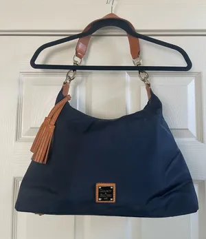 Dooney & Bourke Navy Blue Nylon Hobo Shoulder Bag W/ Brown Leather Trim Tassel thumbnail 1