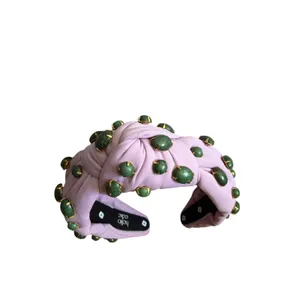 Hello Edie Pink Knotted Headband Green Gemstone Embellished Statement Headband thumbnail 5