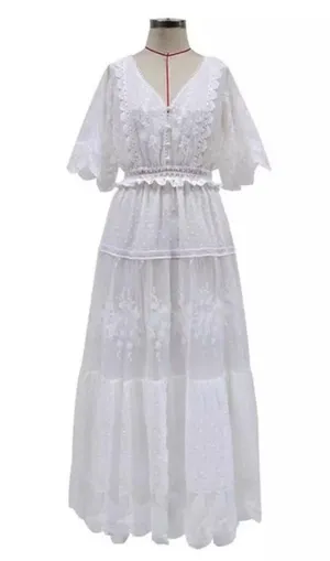 Boutique NEW White Lace V-neck Semi-Sheer Short Sleeve Maxi Dress thumbnail 3