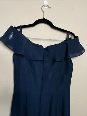 NWT JJs House Navy Blue Chiffon Off Shoulder Ruffle Front Slit Formal Maxi Dress thumbnail 8