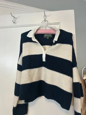 American Eagle Polo Knit White And Navy Striped Cropped Pullover Sweater thumbnail 2