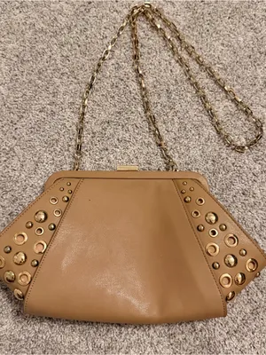White House Black Market Tan Leather Clutch with Gold Stud Details thumbnail 1
