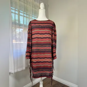 Zara Multicolored Zigzag Print Fringed Long Sleeve Midi Dress thumbnail 2