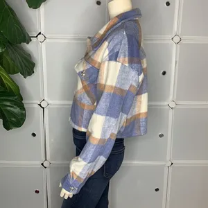 Plaid Print Drop Shoulder Crop Overcoat Size Large Blue thumbnail 5