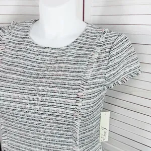 Eliza J Spring Tweed Fringe Hem Fit‎ Flare Dress White Pink Black Size 12 thumbnail 7