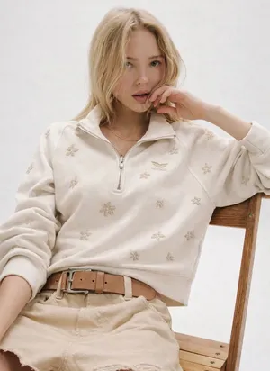 Elevated Faith Floral Half Zip Sweatshirt L Cream Cropped Cozy thumbnail 1