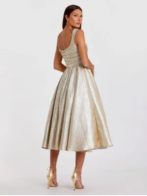 Mac Duggal Gold Metallic Scoop-Neck Fit-and-Flare Midi Dress thumbnail 3