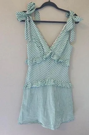 BCBGeneration Green and White Striped V-Neck Tie Shoulder Dress thumbnail 1