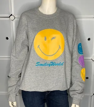 Smiley World Gray Winky Face Pullover Sweatshirt Size Medium thumbnail 1
