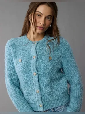American Eagle Outfitters Cozy Boucle Cardigan in Light Blue Size Large thumbnail 1