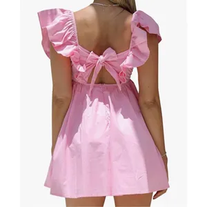 NEW Deep V Neck Ruffle Sleeve Mini Backless Dress L Pink Size L thumbnail 2