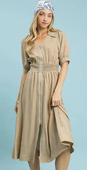 Umgee Striped Midi Dress with Front Zipper - Latte - Small thumbnail 1