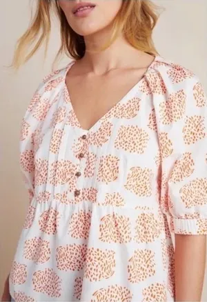 Anthropologie Moglea Orange White Abstract Print‎ Puff Sleeve Babydoll Top XS thumbnail 1