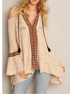 Free People “For The Love of Flowers Tunic” Top Textured Flare Sleeve Boho SZ M thumbnail 1