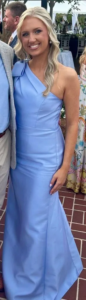 Alfred Sung Bow One-Shoulder Satin Trumpet Gown Sky Blue size 4 thumbnail 4
