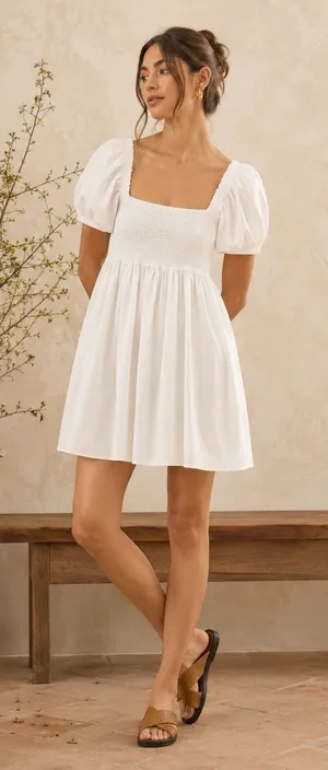 Dress Forum Women's White Dress Babydoll Smocked Bride Bachelorette LWD‎ Shower S Coquette thumbnail 1