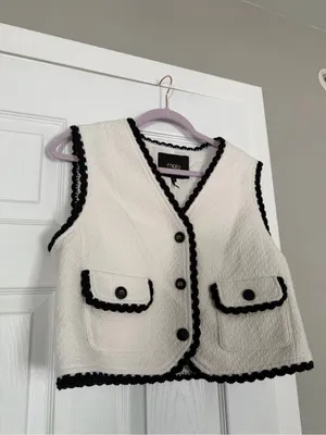 Maje Vitosio Tweed Vest Jacket Cream Black Lace Trim EU40 thumbnail 2