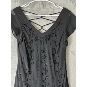 Vintage Whimsigoth Black Beaded Handkerchief Hem Strappy Back Midi Dress Size S thumbnail 2