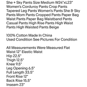 She + Sky Pants Size Medium W24"xL23" Women's Corduroy Pants Crop Pants Tapered Leg Pants Women's Pants thumbnail 2