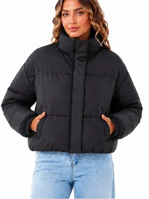 Sebby Women’s Black Cropped Oversized Puffer Jacket Size L thumbnail 1