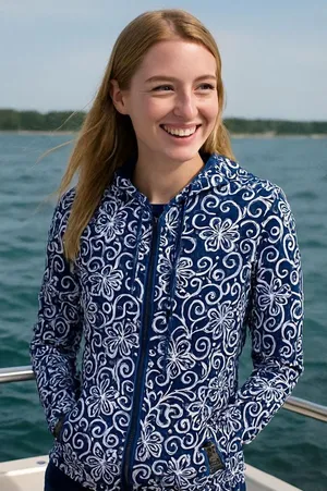 Vintage Liz Claiborne Navy White Floral Boho Hoodie jacket lightweight cruise thumbnail 1