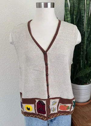 Vintage Fall Embroidered Vest Ramie Cotton Cozy Pumpkin‎ Leaf Style large thumbnail 1