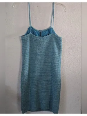 Olive + Oak Sz M Crochet Knit Mini Dress Marled Turquoise Tie Front Lined NWT thumbnail 3