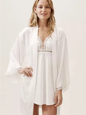 Flora Nikrooz X Anthropologie ivory Lace-Trim slip dress nightgown & Robe Set thumbnail 2