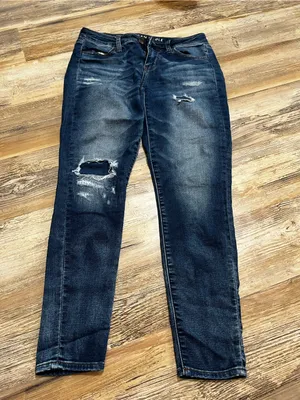 American Eagle Outfitters Dark Blue High-Rise Distressed Ankle Jeans thumbnail 2