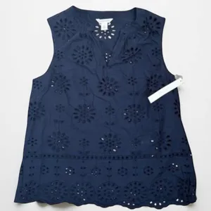Caslon Sleeveless Top Womens Size S Navy Blue Eyelet V-Neck Floral thumbnail 1