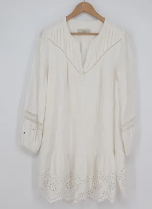 Loft White Linen Blend Eyelet Tiered Tunic Dress Long Sleeve Boho Mini Medium thumbnail 1