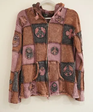 Kathmandu Imports Size Large Patchwork Hoodie Brown Peace Sign Boho Indie Cotton thumbnail 1