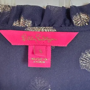 Lilly Pulitzer Giana Silk Top Navy and Gold V Neck Balloon Puff Long Sleeve SZ S thumbnail 4