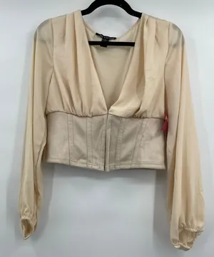 Love X Design Womens Crop Blouse Top Lantern Sleeves V-Neck Tan Beige NEW Medium thumbnail 1