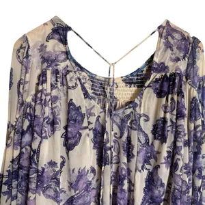 Free People Up For Anything White Blue Floral Smocked Long Sleeve Blouse thumbnail 9