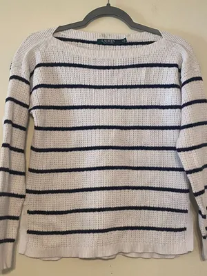 Women's LRL Lauren Ralph Lauren White Navy Blue Striped Thermal Style Tee Medium thumbnail 1