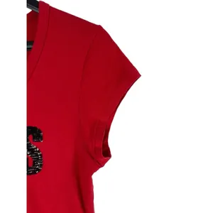 VTG 90s 2000s Y2K Red Cap Sleeve Guess Embellished Beaded Logo Tee Top S thumbnail 6