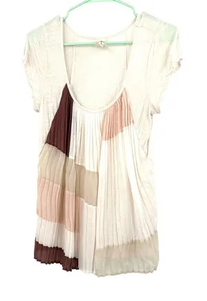 One September‎ Size Small Shirt White Geometric Flowy Pleated Short Sleeve thumbnail 1