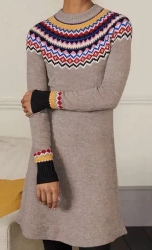 Boden Millie Fair Isle Wool Blend Knit Sweater‎ Dress Beige US 10L Soft Alpaca thumbnail 1