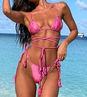 Boutique 2 Piece Pink Bikini Wrap Around Tie Top & Side Tie Bottoms thumbnail 1