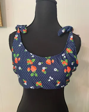Modcloth Blue Polka Dot Strawberry Tie Strap Metal Back Closure Bikini Top Large thumbnail 1