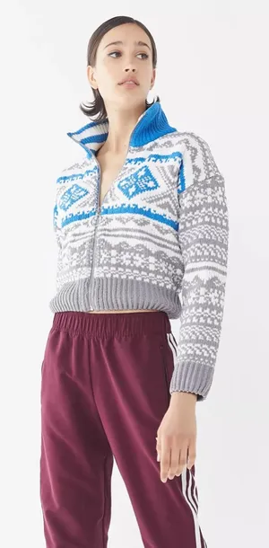 Urban Outfitters Blue and Gray Textured Scout Shrunken Zip-Up Sweater Size S thumbnail 1