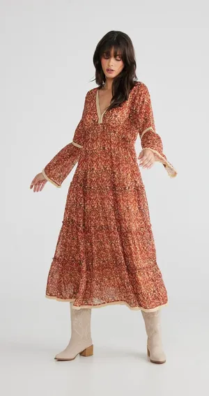 Talisman Boho Maxi Dress XL‎ Orange Terracotta Paisley Bell Sleeve Festival Gown thumbnail 1