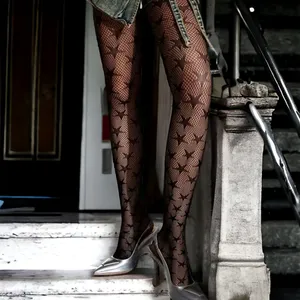 Black Jacquard Fishnet‎ High Waist Footed Tights With Star Pattern One Size thumbnail 14