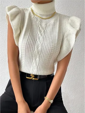 Elegant Off-White/Ivory Cable Knit Ruffle Sleeve Turtleneck Sweater thumbnail 1