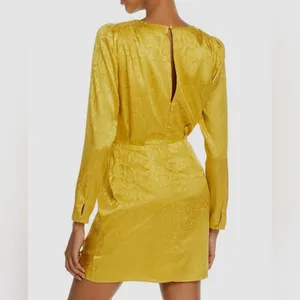 WAYF Yellow Gold Snake Print Long Sleeve Mini Dress Ruched Low Cut Large New‎ thumbnail 3