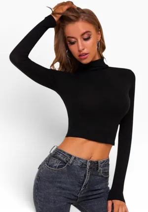 MSBASIC Amazon Women’s Black Long Sleeve Turtleneck Crop Top Worn Once thumbnail 1